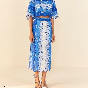 Farm Rio Blue Flower Stripes Midi Skirt